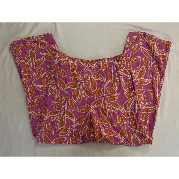 Tropical Leaf Print Wide Leg Pants โ Pink Orange Elastic Waist โ Size L - Picture 1 of 6
